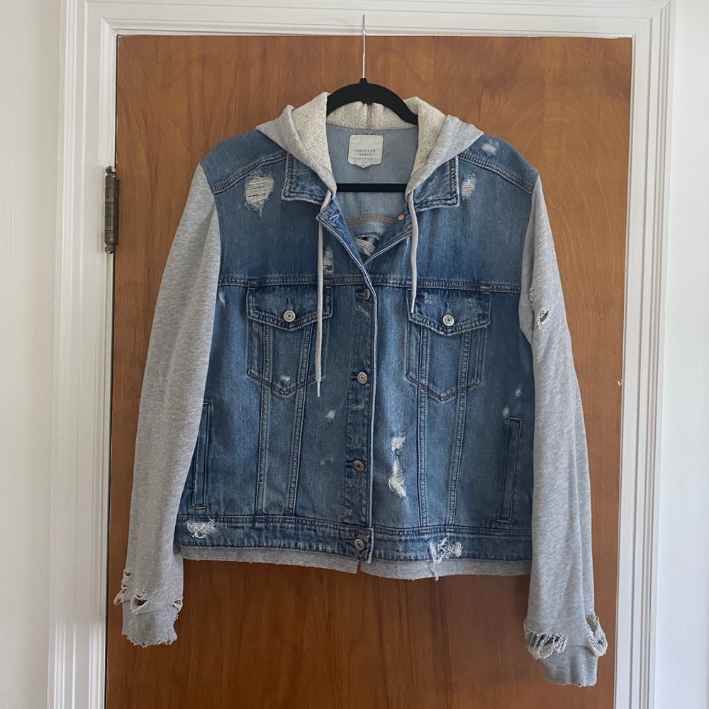 Distressed AE hooded sweatshirt jean jacket